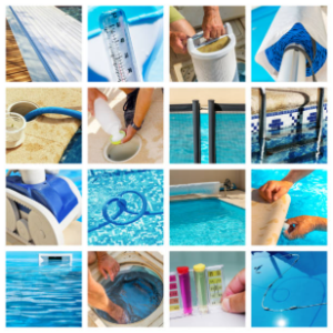 A collage of pool maintenance equipment and tasks