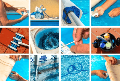 A collage of pool maintenance equipment and tasks